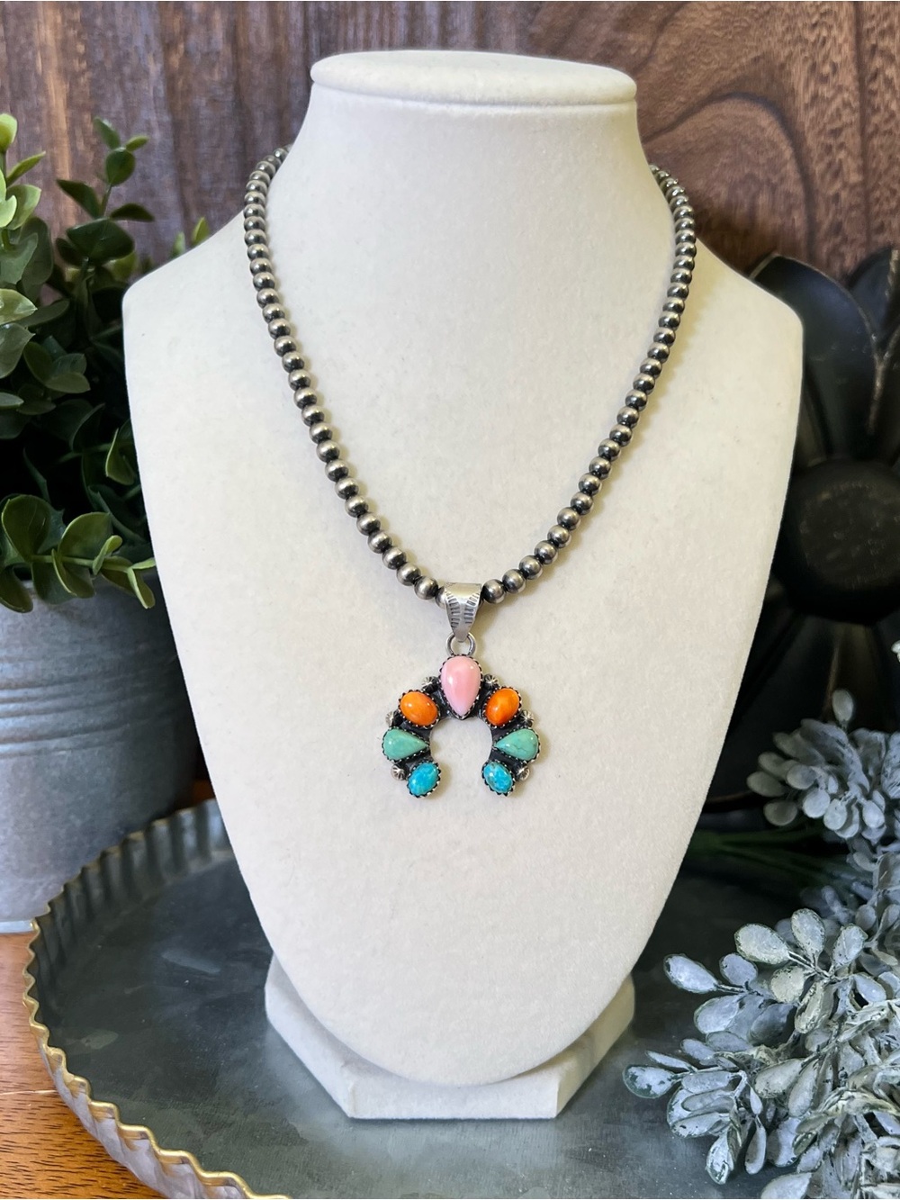 Sterling Silver Multi Stone Naja Pendant Kingman Turquoise Pink Conch Spiny - Picture 8 of 12